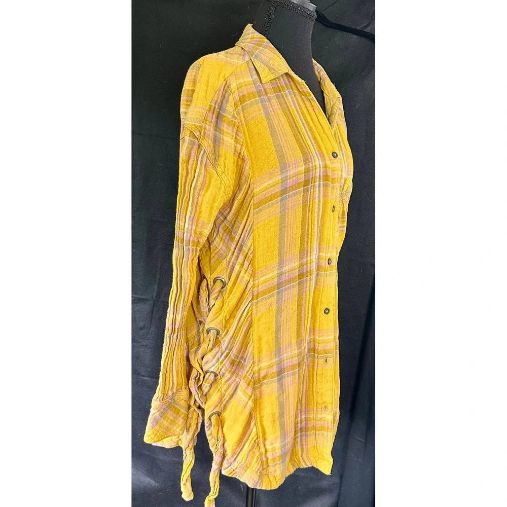 Free People Mustard Yellow Plaid Lace Up‎ Side Oversized Button Down Shirt XS